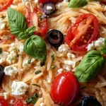 Griechische Reisnudeln mit Tomaten, Feta und Oliven