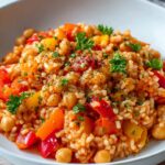 Leckere vegane Paprika Reis Pfanne mit Kichererbsen