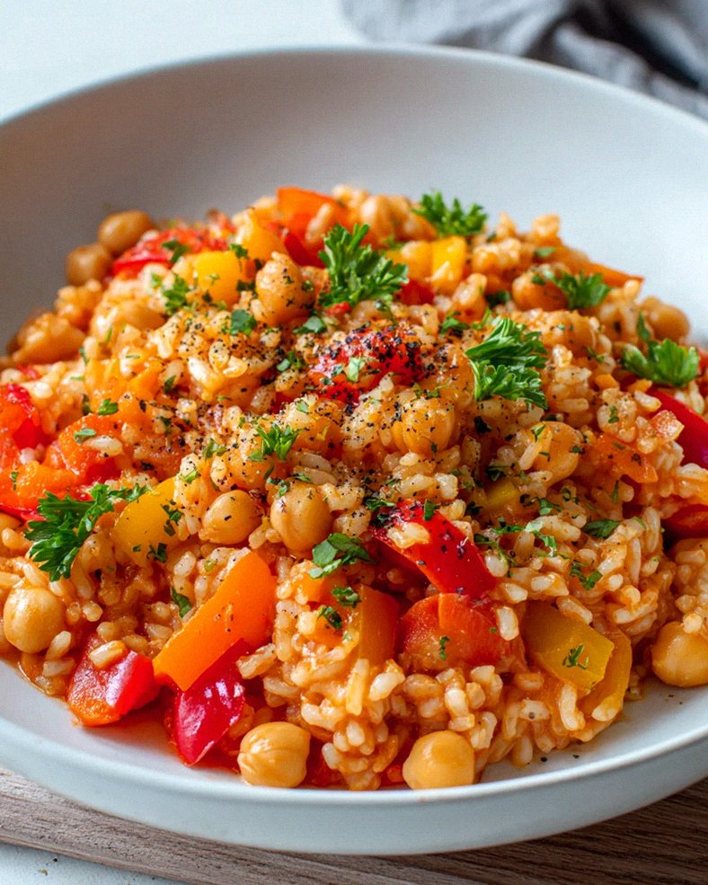 Leckere vegane Paprika Reis Pfanne mit Kichererbsen