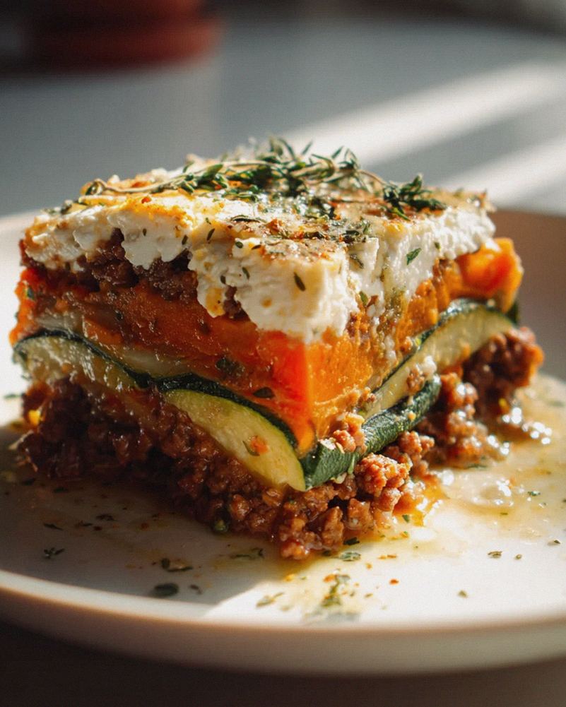 Low Carb Süßkartoffel Hack Auflauf mit Feta & Zucchini Rezept
