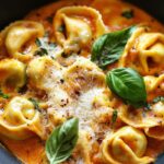 Tortellini mit Tomaten-Sahnesoße, Käse und Basilikum
