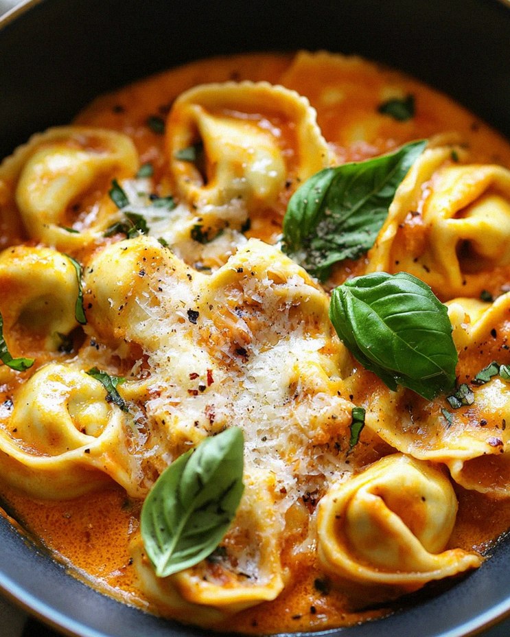 Tortellini mit Tomaten-Sahnesoße, Käse und Basilikum